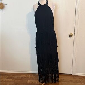 BCBGMaxAzria Black Fringe Knitted Maxi Dress